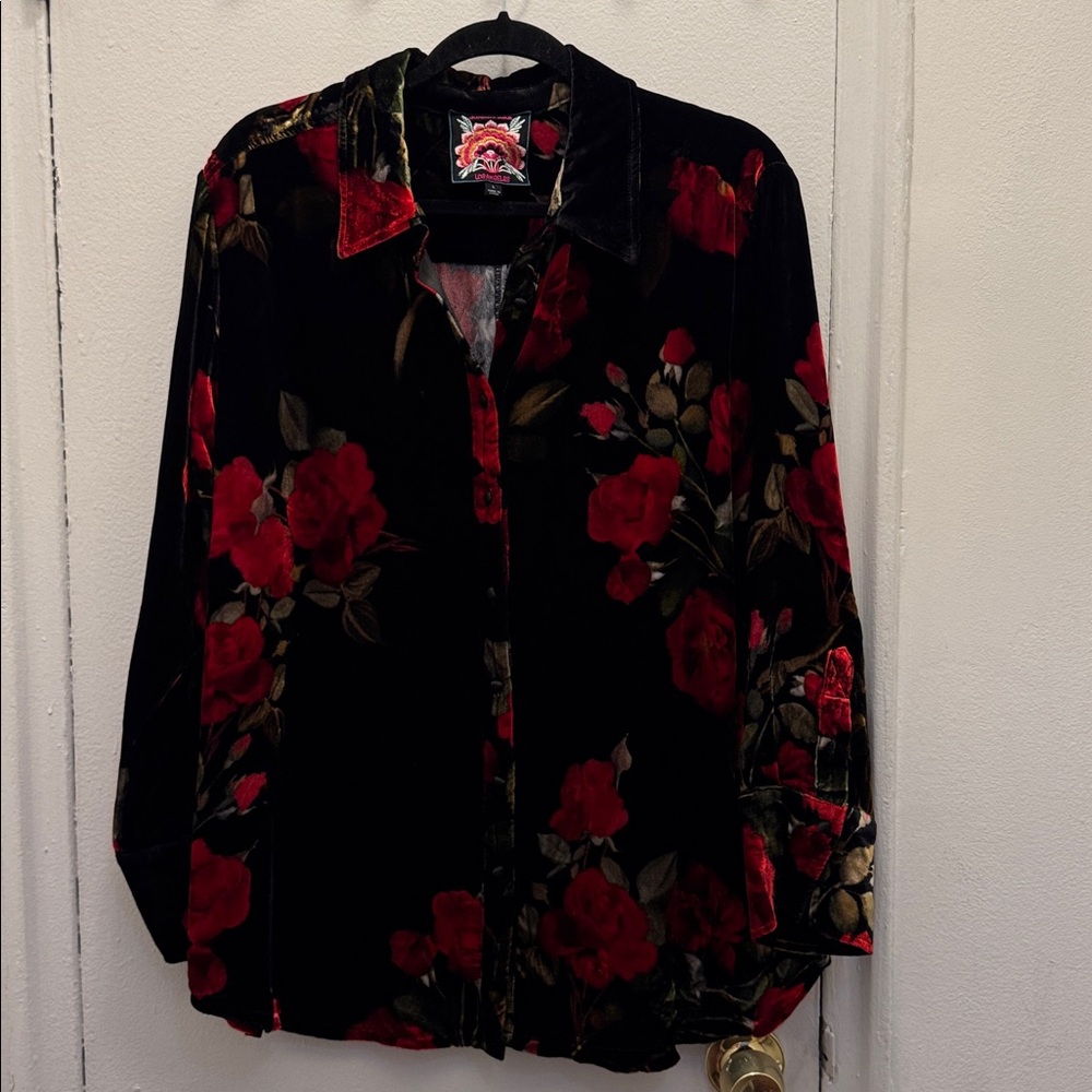 Johnny Was Black Velvet Blouse with Red Rose Print
